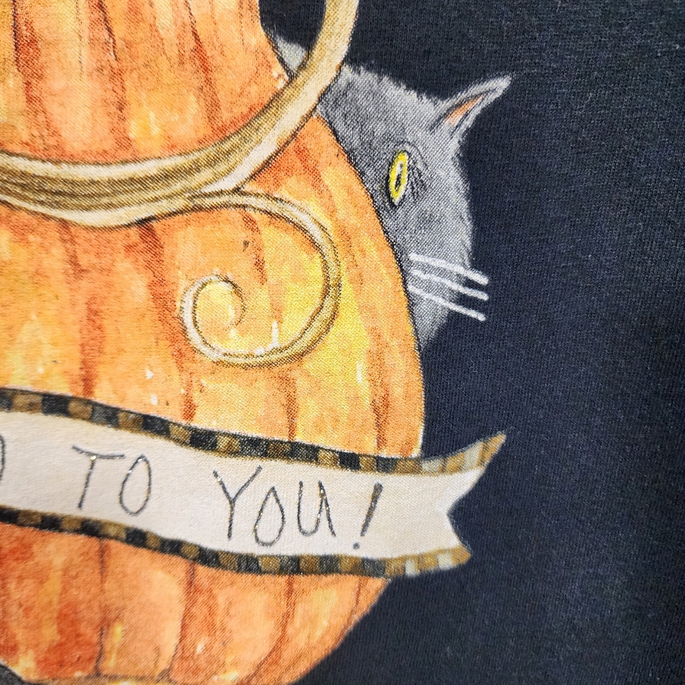 Gildan Vtg Halloween cat pumpkin ghost sparkly graphic t-shirt woman's size L - Picture 6 of 8